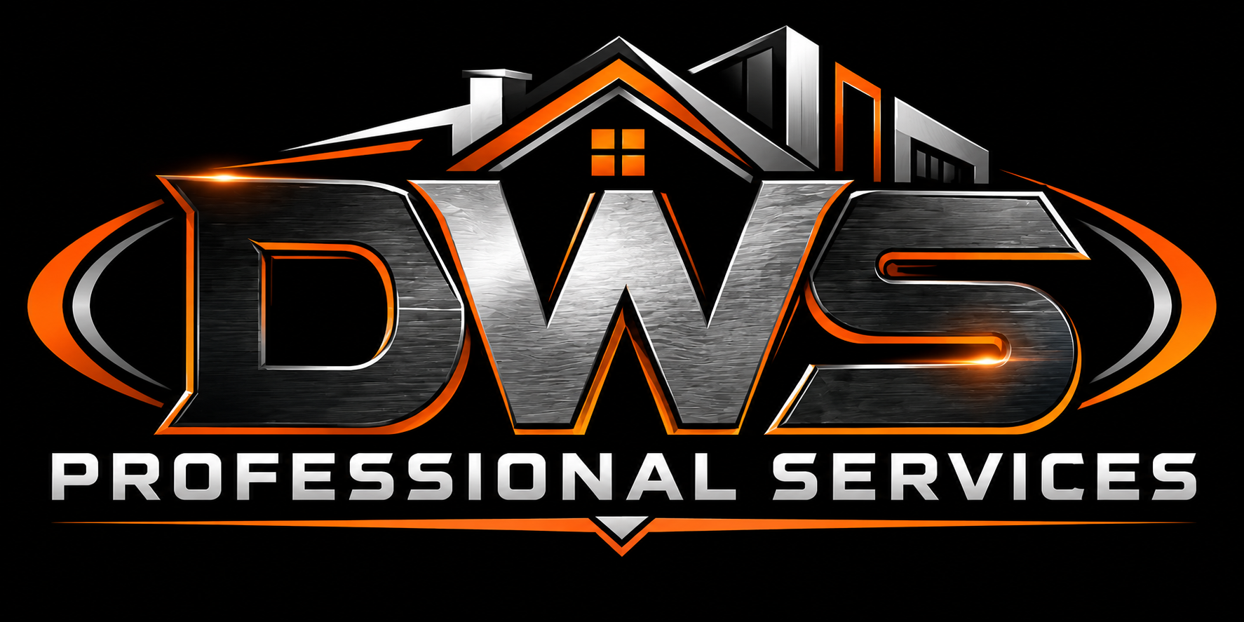DWS Professional Services metallic silver and orange logo on black